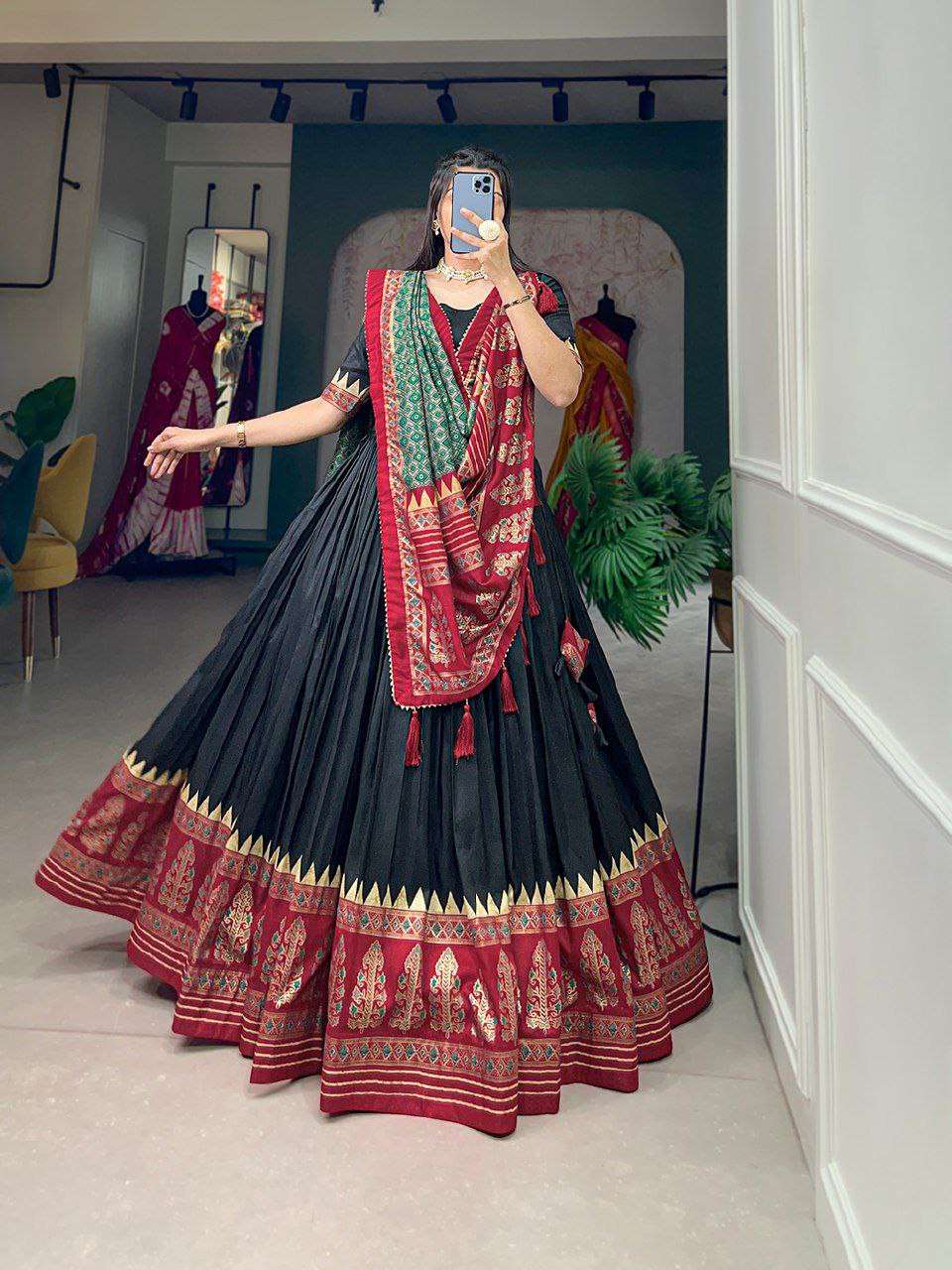 Women's Stitched Ethnic Lehenga Choli with Zari Border and Contrast Dupatta - AllHandmadeGoods