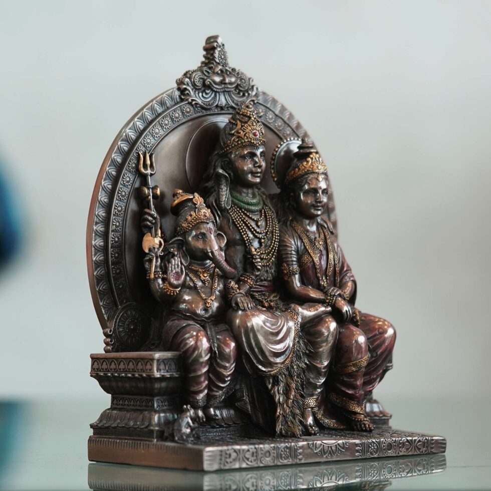 Antique bronze Shiva Parvati Ganesha idol, perfect spiritual gift for Diwali festival