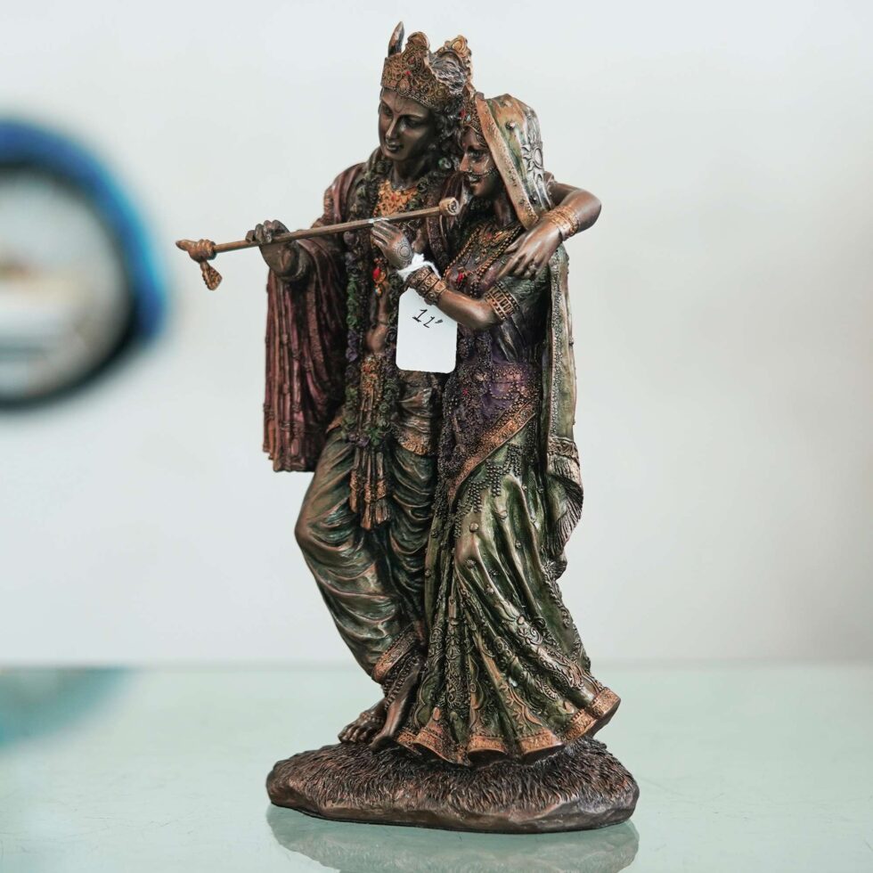 Antique bronze Radha Krishna idol in dancing pose, perfect spiritual gift for Diwali festival