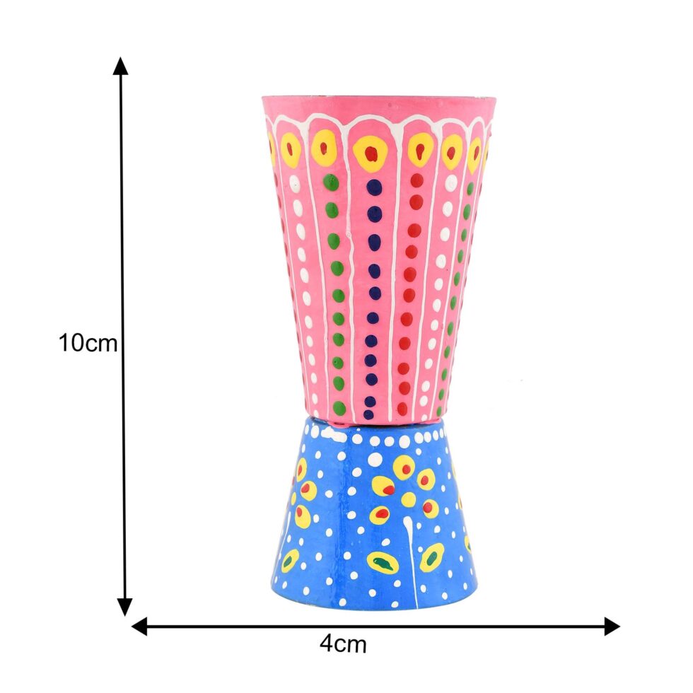 Hand-painted pink and blue aluminium glass with colorful dot and floral pattern