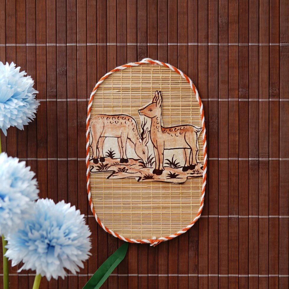 Eco-friendly handmade bamboo wall hanging with deer motif, cultural Diwali festive wall art