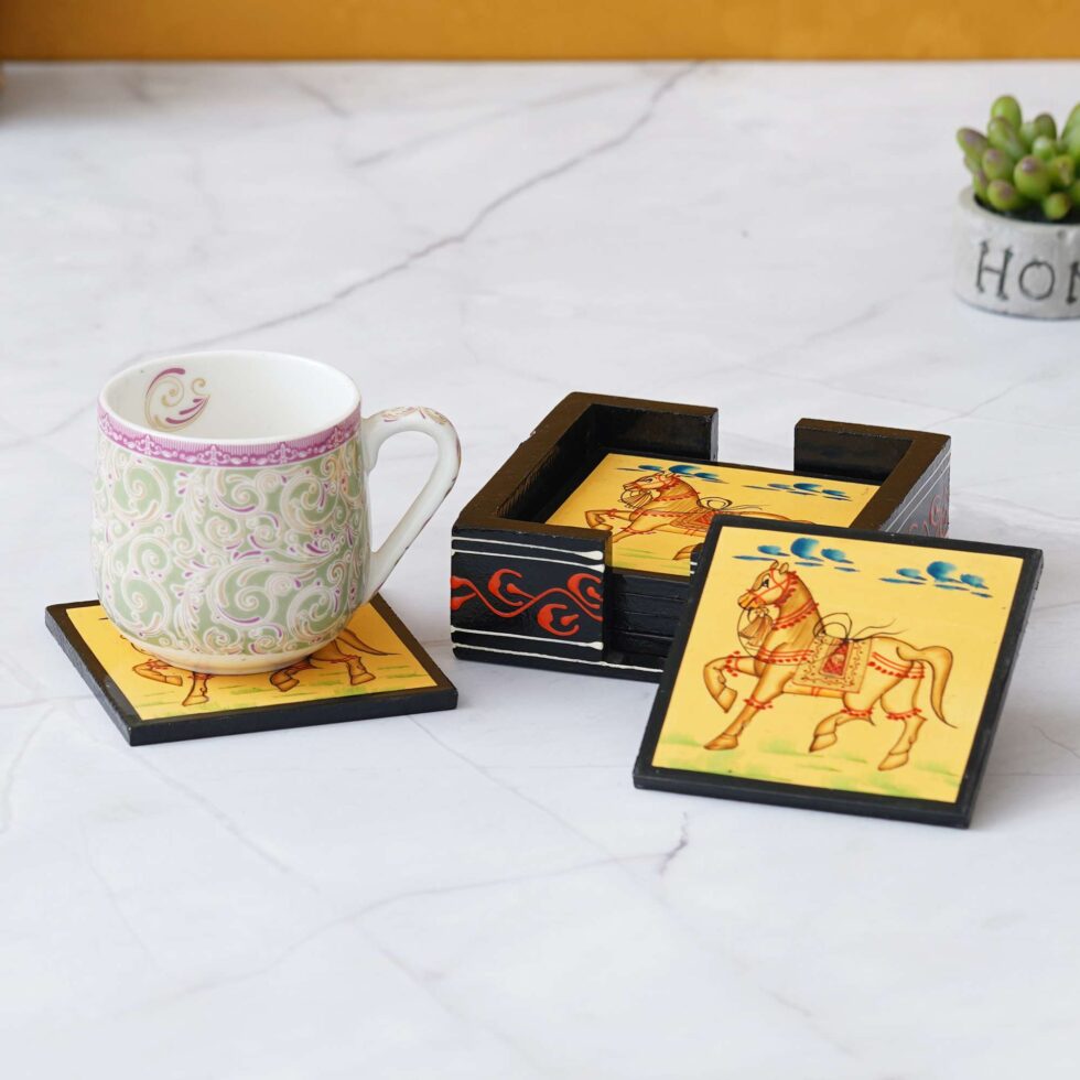 Hand-painted wooden coasters with royal horse artwork, traditional Rajasthani design for Diwali decor