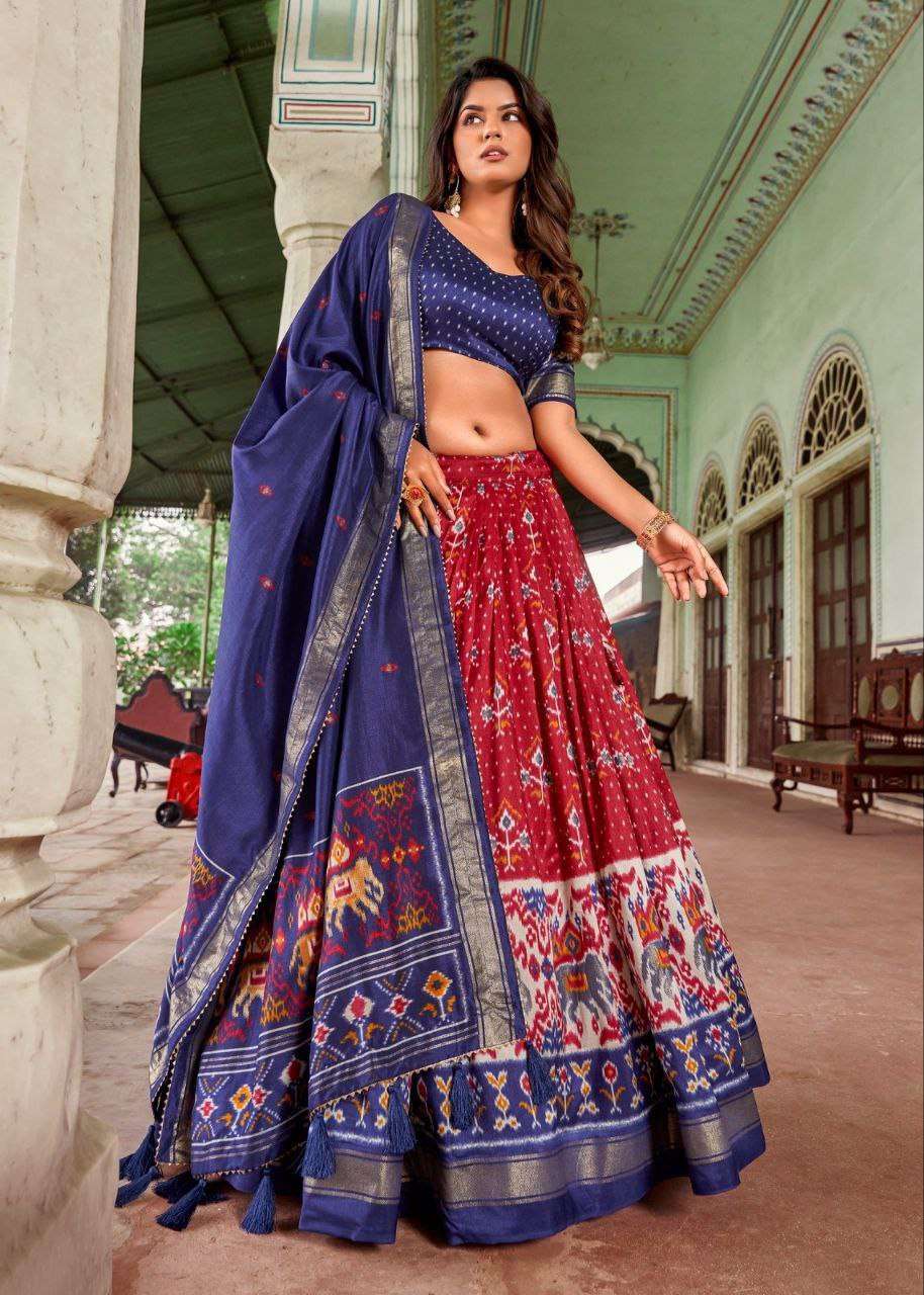 Women's Traditional Patola Print Tussar Silk Lehenga Choli with Festive Dupatta - AllHandmadeGoods