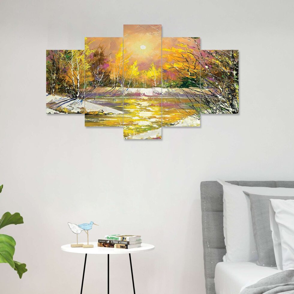 Colorful autumn landscape digital wall painting – modern nature art decor for living room interiors.