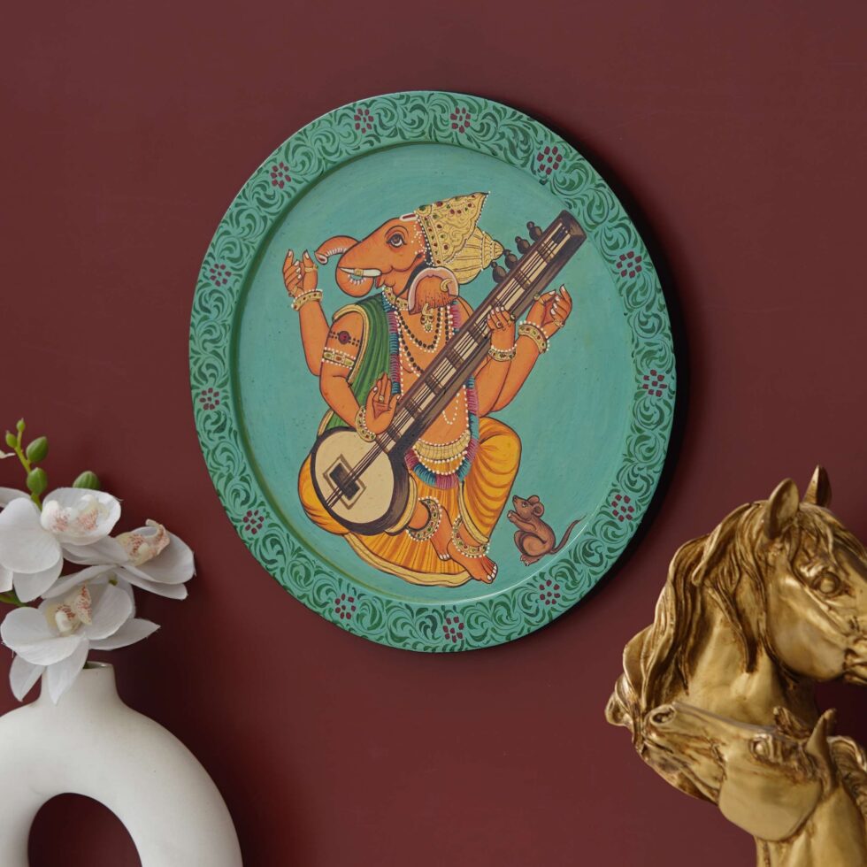 Traditional Lord Ganesha playing veena Pichwai painting – spiritual Indian wall art decor for living room.