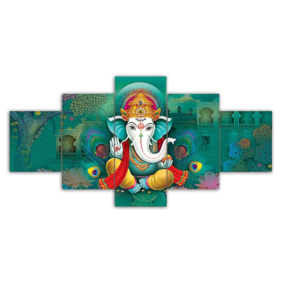 Vibrant teal Ganesh digital wall art with peacock feathers – traditional Indian art decor for home interiors.