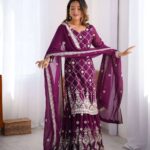Women's Georgette Embroidery Work Straight Kurta With Sharara Suit and Dupatta Set - AllHandmadeGoods