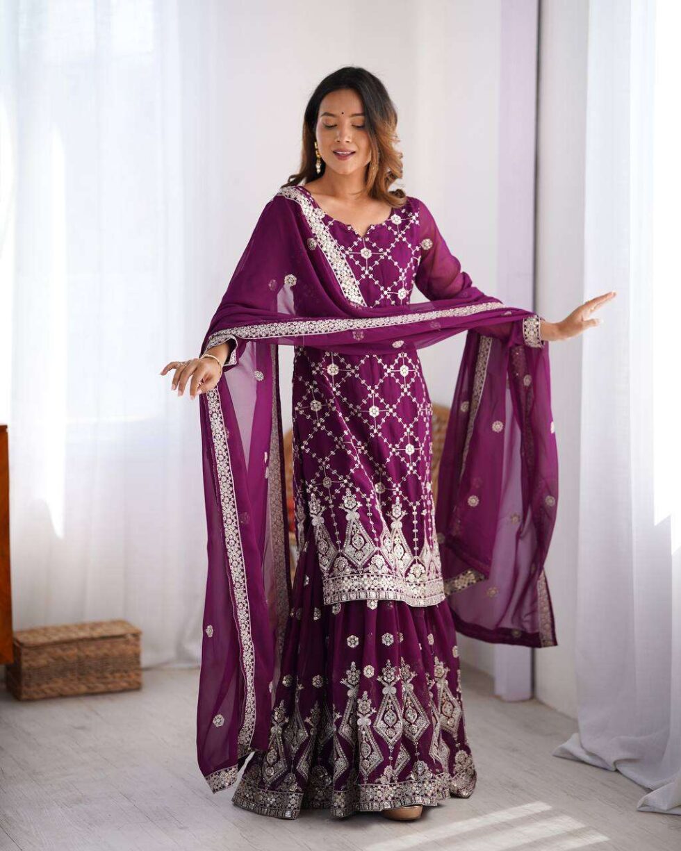 Women's Georgette Embroidery Work Straight Kurta With Sharara Suit and Dupatta Set - AllHandmadeGoods