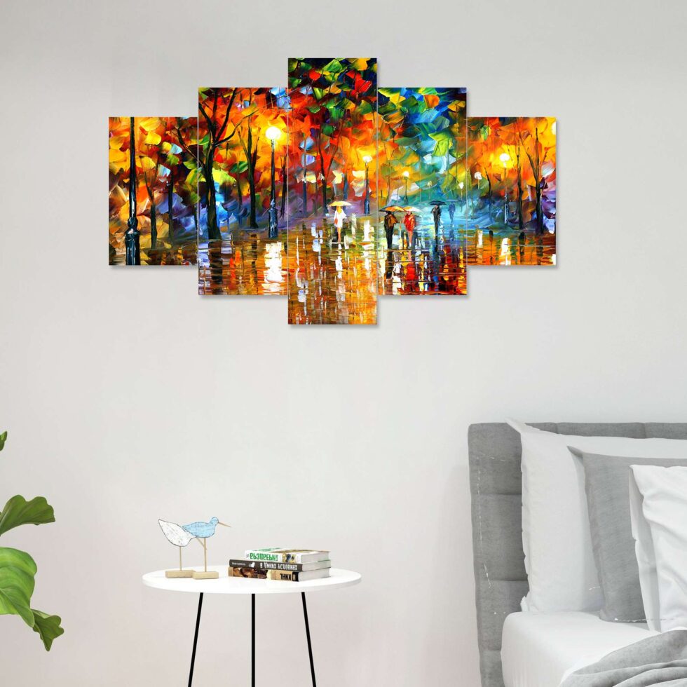 Colorful rainy evening digital wall painting with umbrella figures – modern art decor for living room.