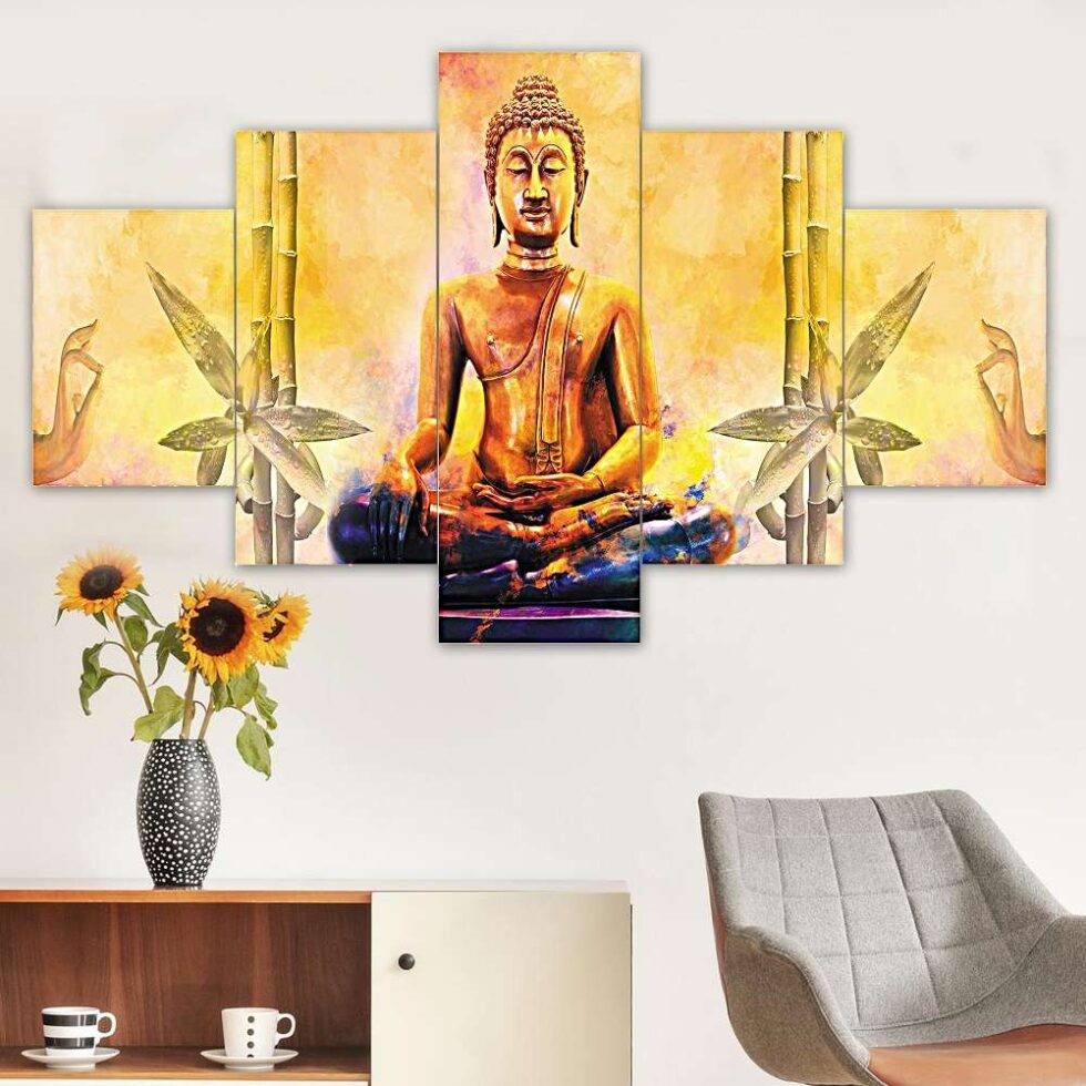 Golden Buddha digital wall painting with bamboo design – spiritual art decor for living room or meditation space.