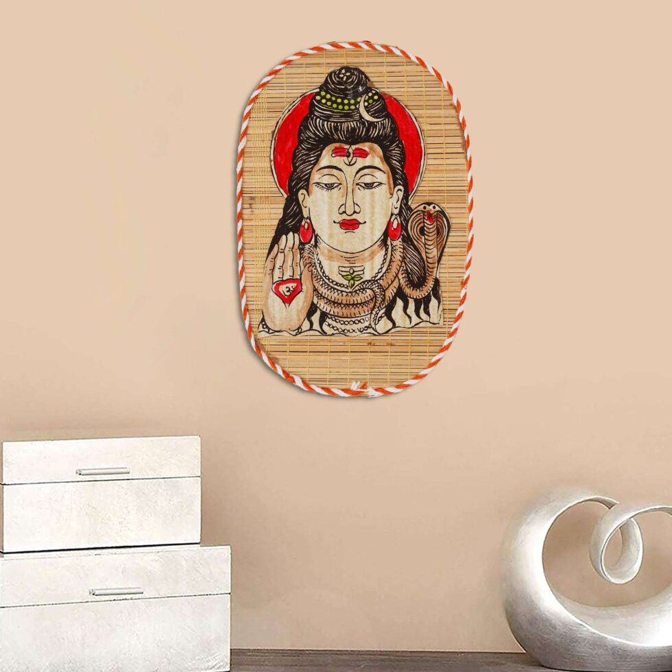 Handmade bamboo wall hanging with Lord Shiva artwork, traditional Diwali festive home decor