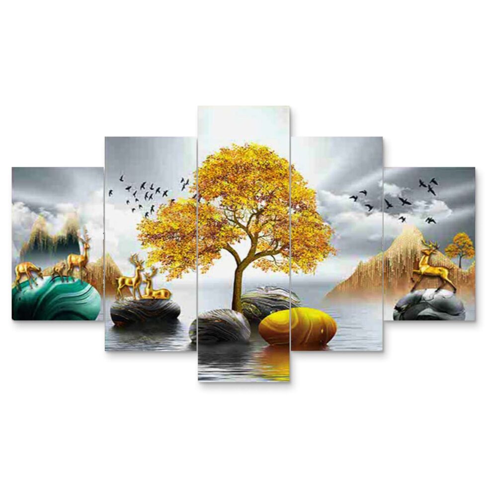 Modern abstract digital canvas painting of deer and golden tree – perfect wall decor for bedroom or office.