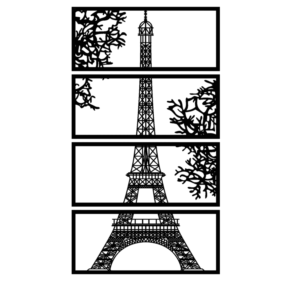 Black metal wall decor with Eiffel Tower silhouette for living room interiors.
