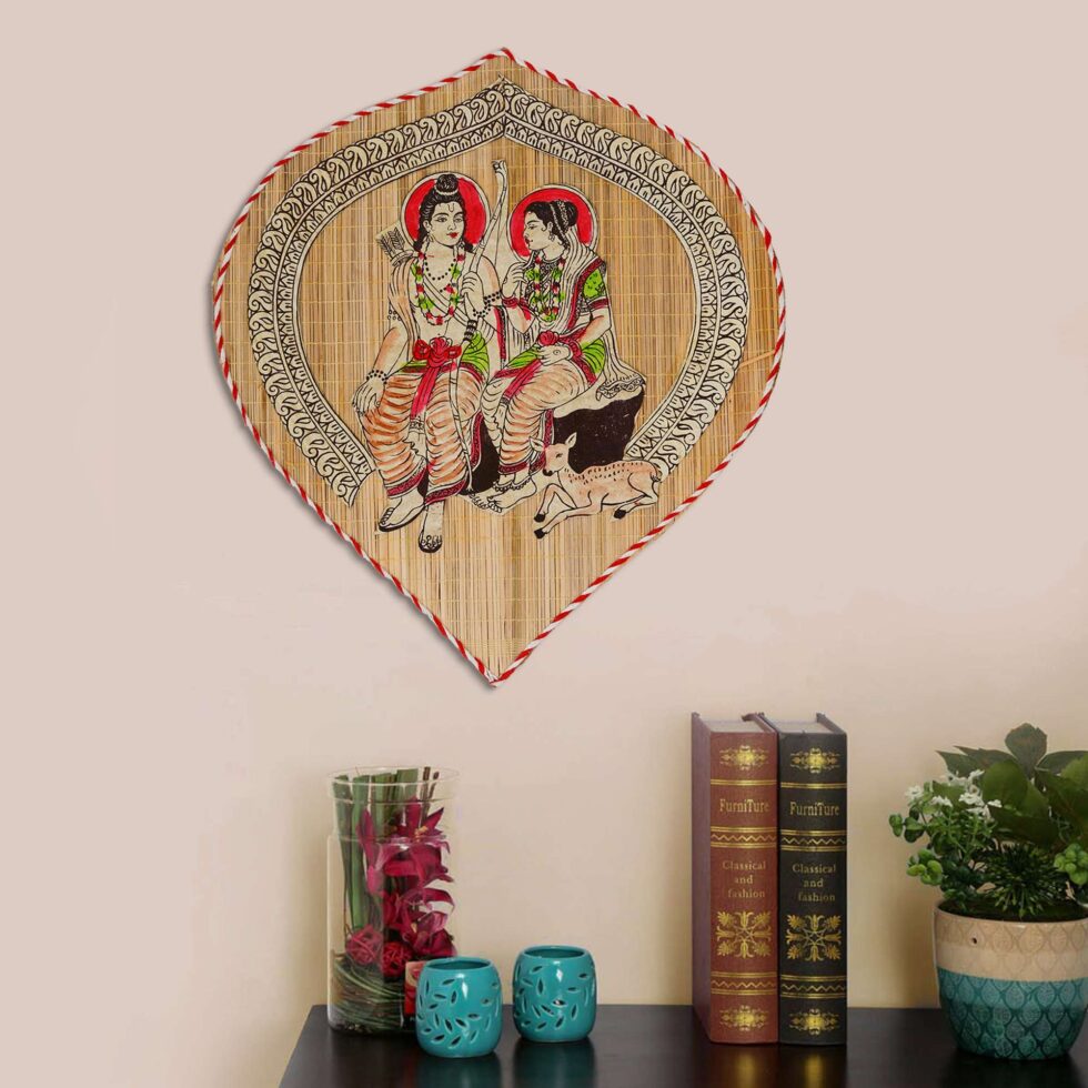 Eco-friendly bamboo wall decor with Ram-Sita painting, ideal for Diwali spiritual decoration
