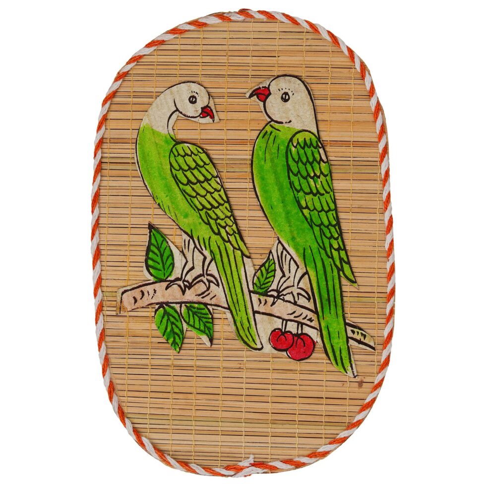 Artisan-crafted bamboo wall decor with parrot painting, cultural Indian art for Diwali interiors