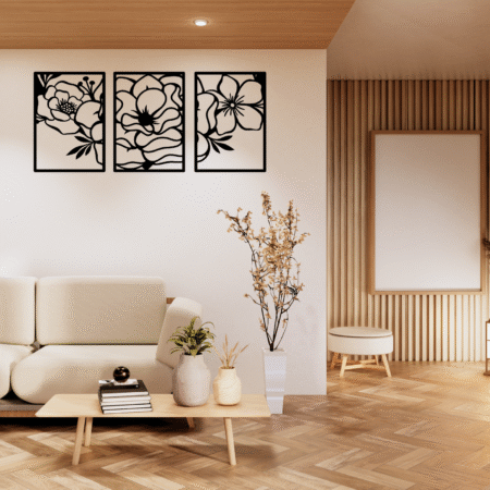 Contemporary floral metal wall art set for stylish home interiors.