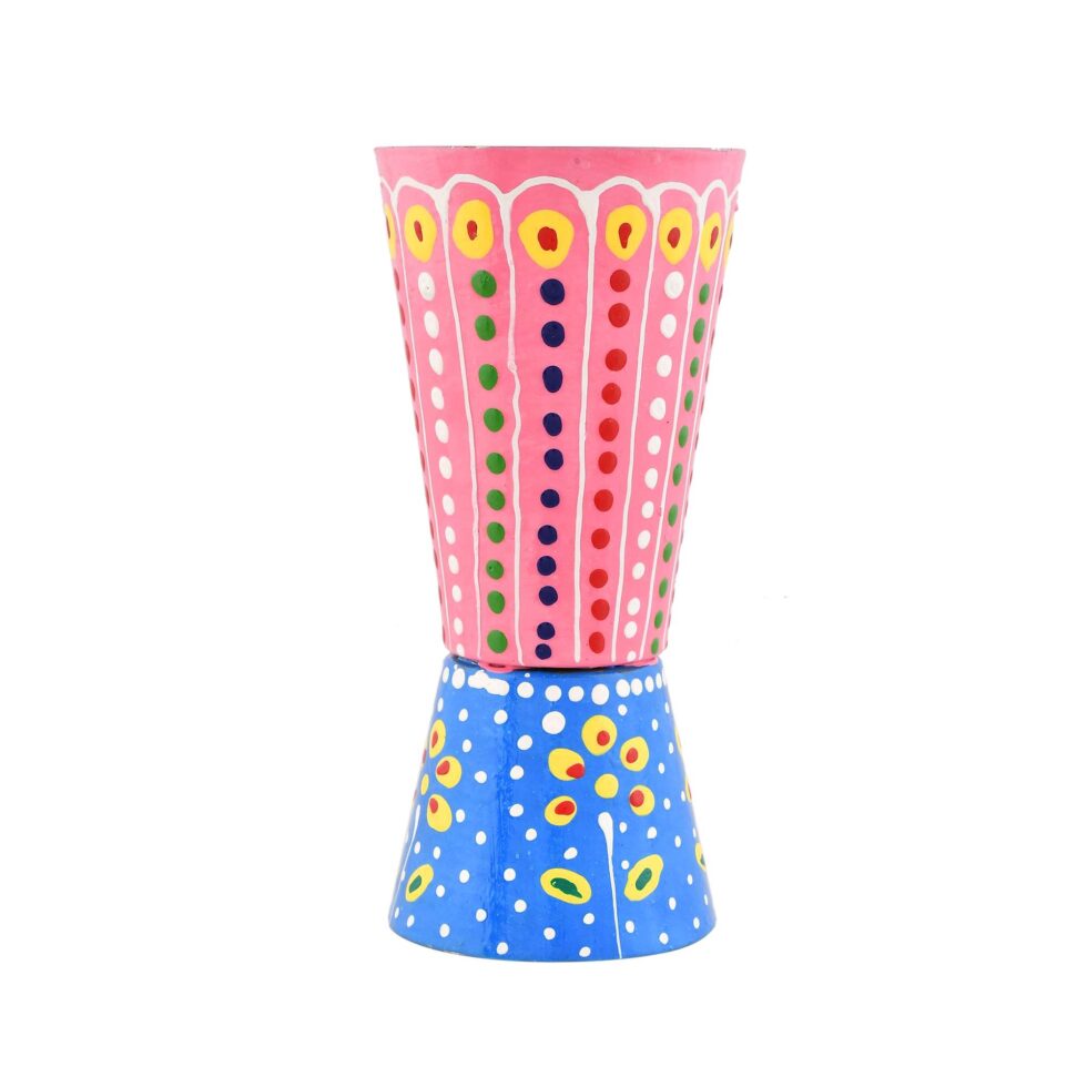 Ethnic style aluminium glass with pink stripes and blue floral base, handmade decor