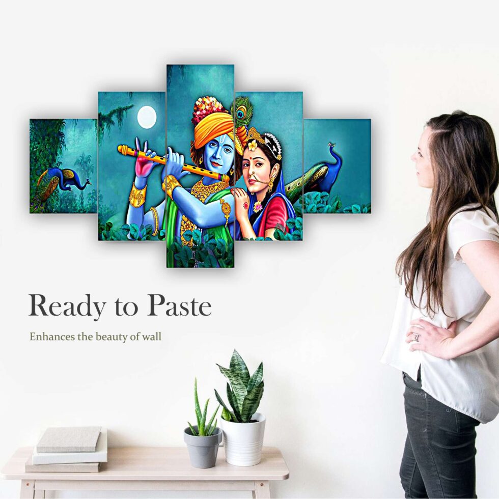 Vibrant Radha Krishna couple digital canvas painting – traditional Indian art decor for gifting or interiors.