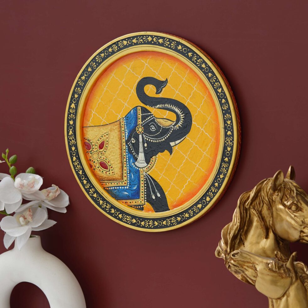 Colorful elephant digital wall painting – ethnic Rajasthani art decor symbolizing strength and prosperity.