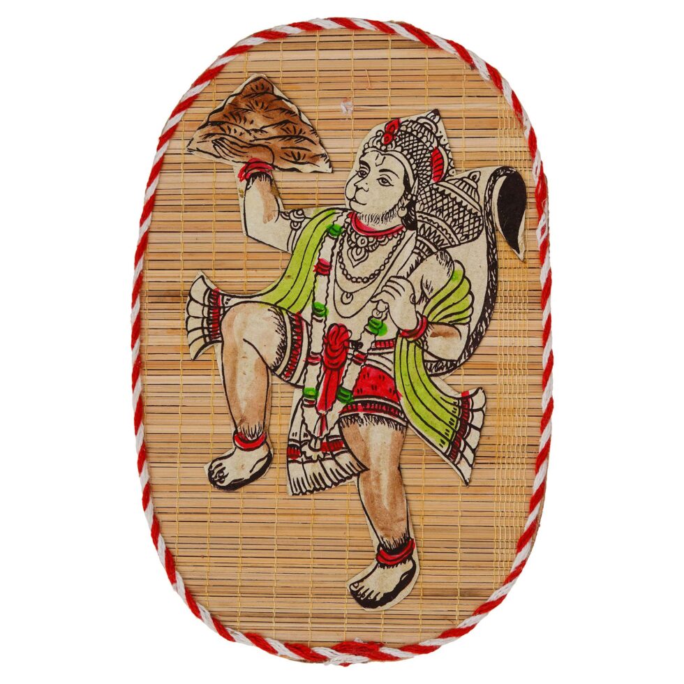 Artisan-crafted bamboo wall decor depicting Hanuman Ji, cultural Indian art for Diwali festive interiors