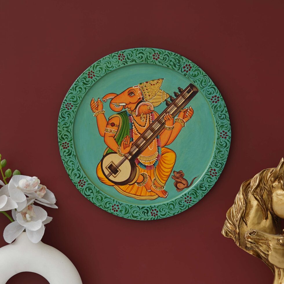 Heritage-inspired Ganesha playing instrument painting – elegant traditional art for meditation or pooja room.