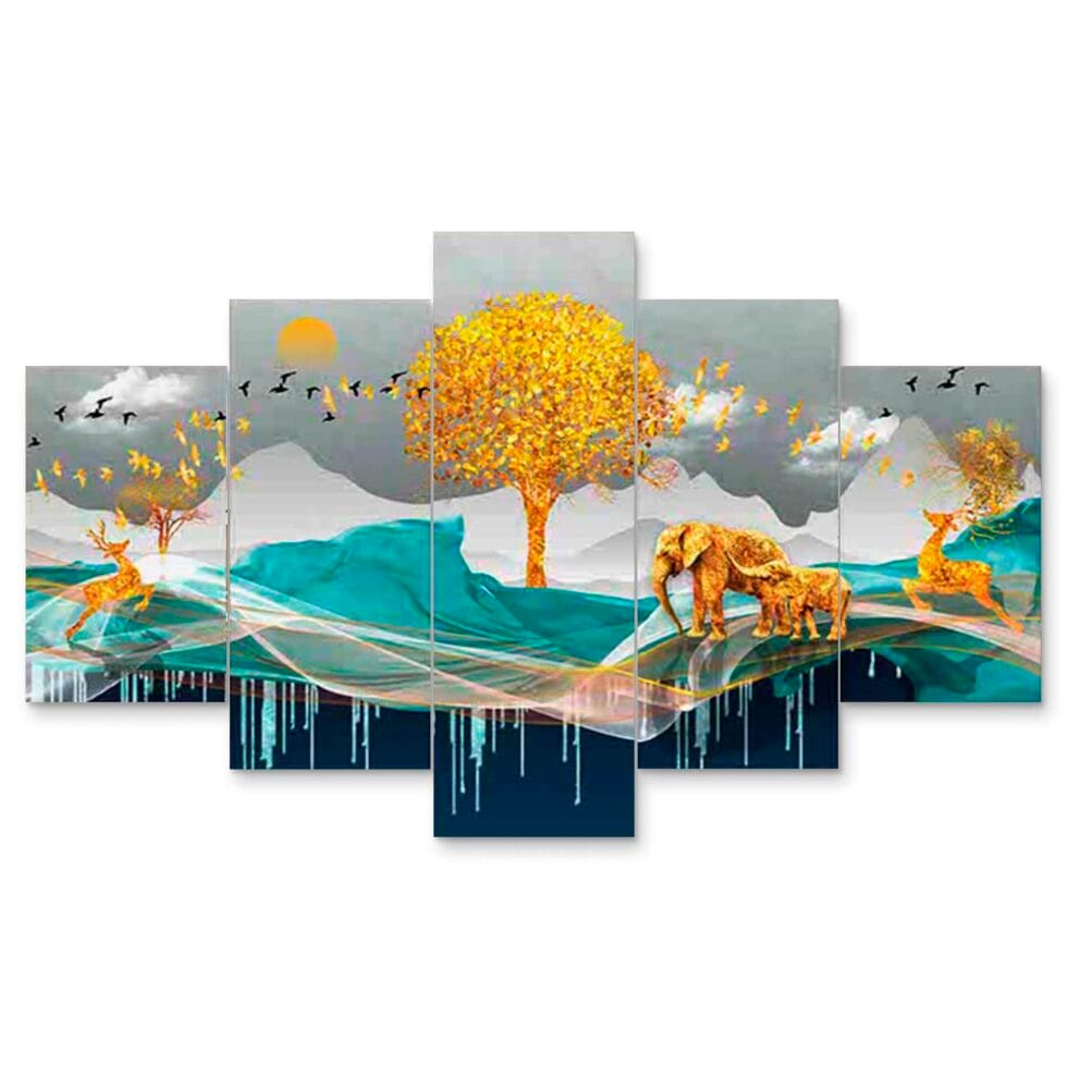 Vibrant digital canvas painting featuring elephant family and golden tree – perfect modern wall decor.