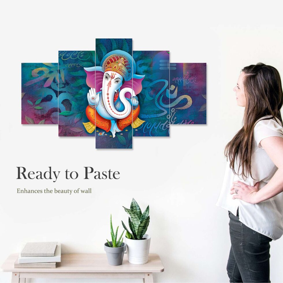 Vibrant blue Ganesh digital wall art with abstract background – devotional Indian decor for home interiors.