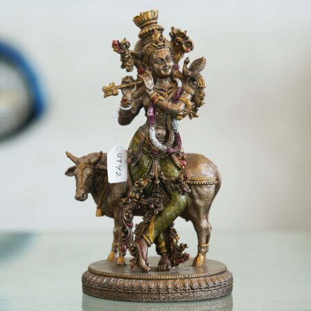 Decorative bronze Krishna figurine with flute, cultural Indian art piece for Diwali home decoration