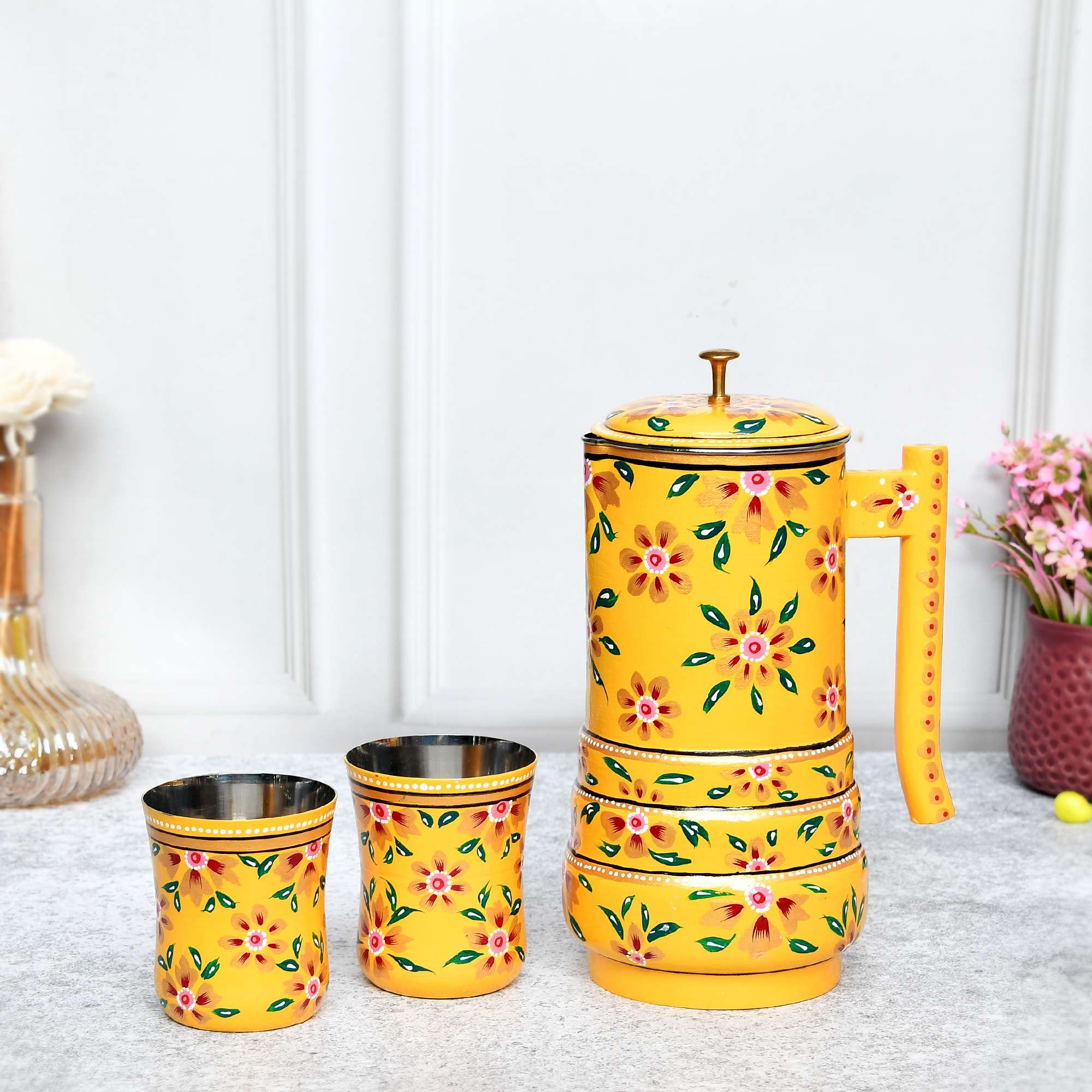 Festive Diwali hand-painted yellow steel jug and cup set, ideal for gifting and serving