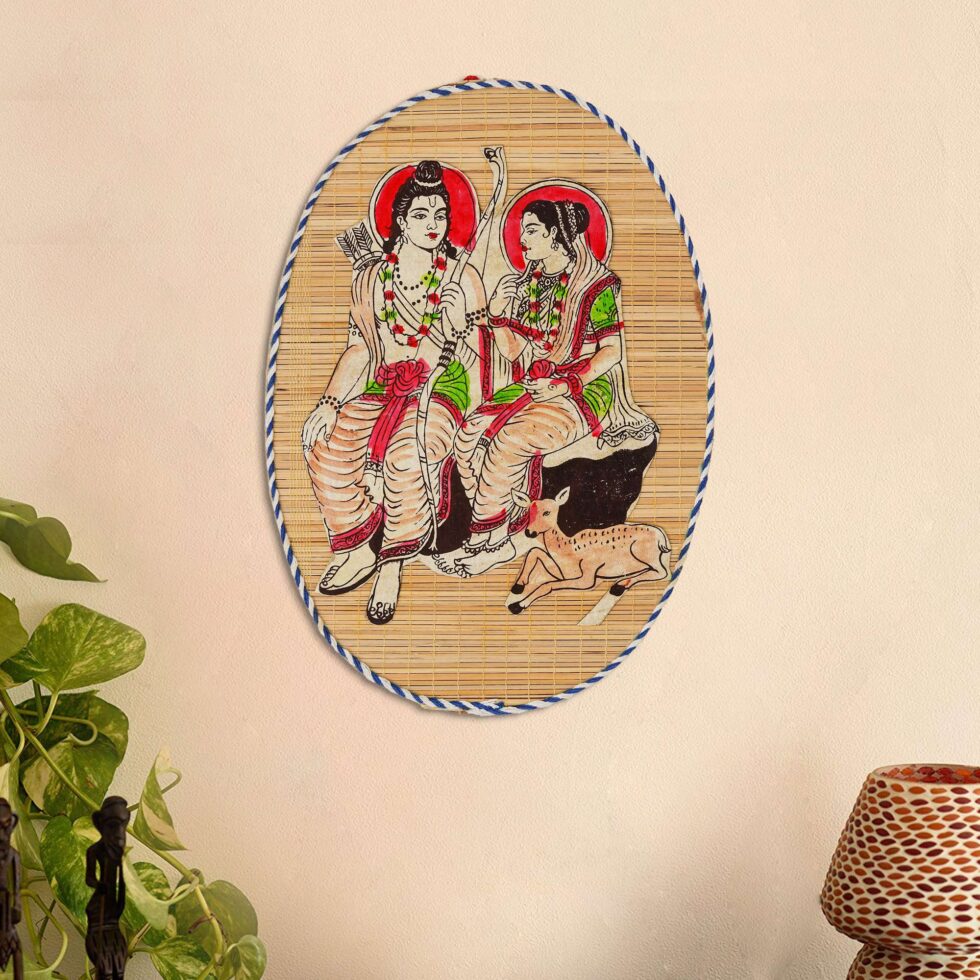 Eco-friendly bamboo wall hanging with Ram-Sita design, ideal for Diwali decoration and cultural interiors