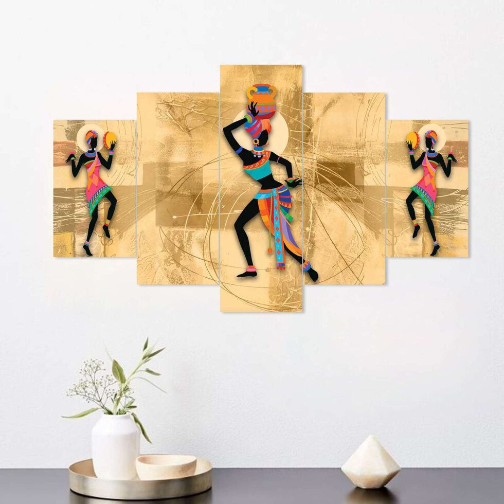 Vibrant ethnic tribal dance digital wall painting – contemporary art decor for home and office.