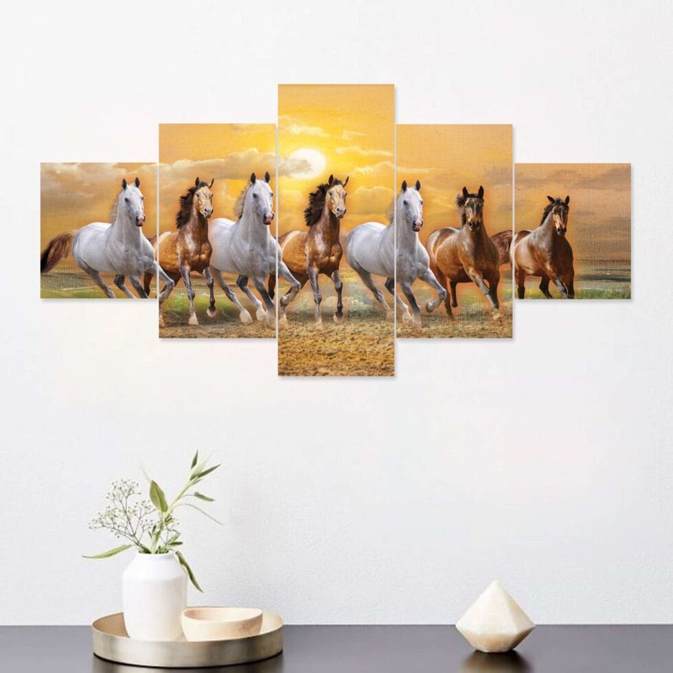 Elegant horse group digital wall art with golden sky – contemporary wall decor for living room or office.