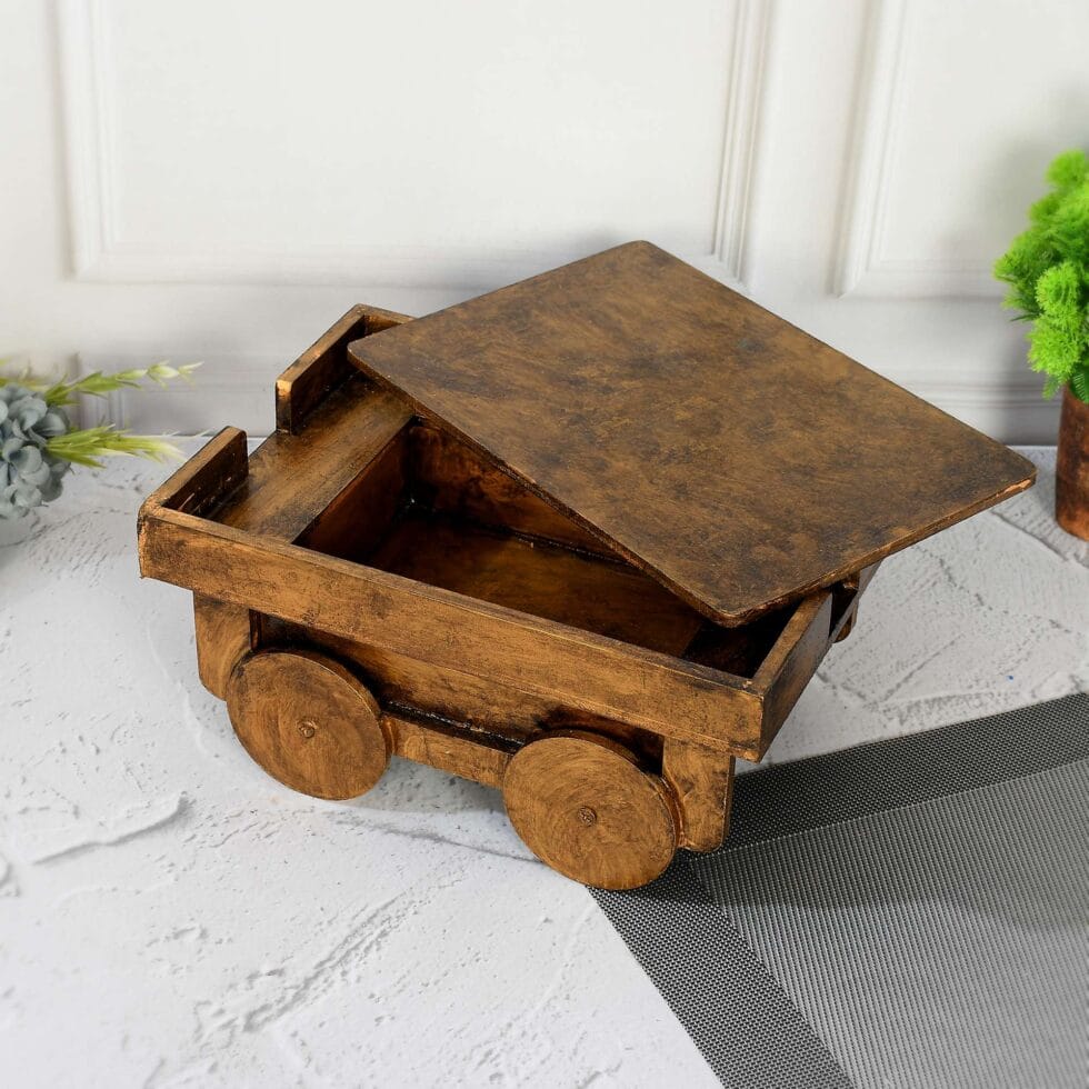 Handcrafted wooden cart snack box with lid, rustic serving tray for samosas and Indian snacks