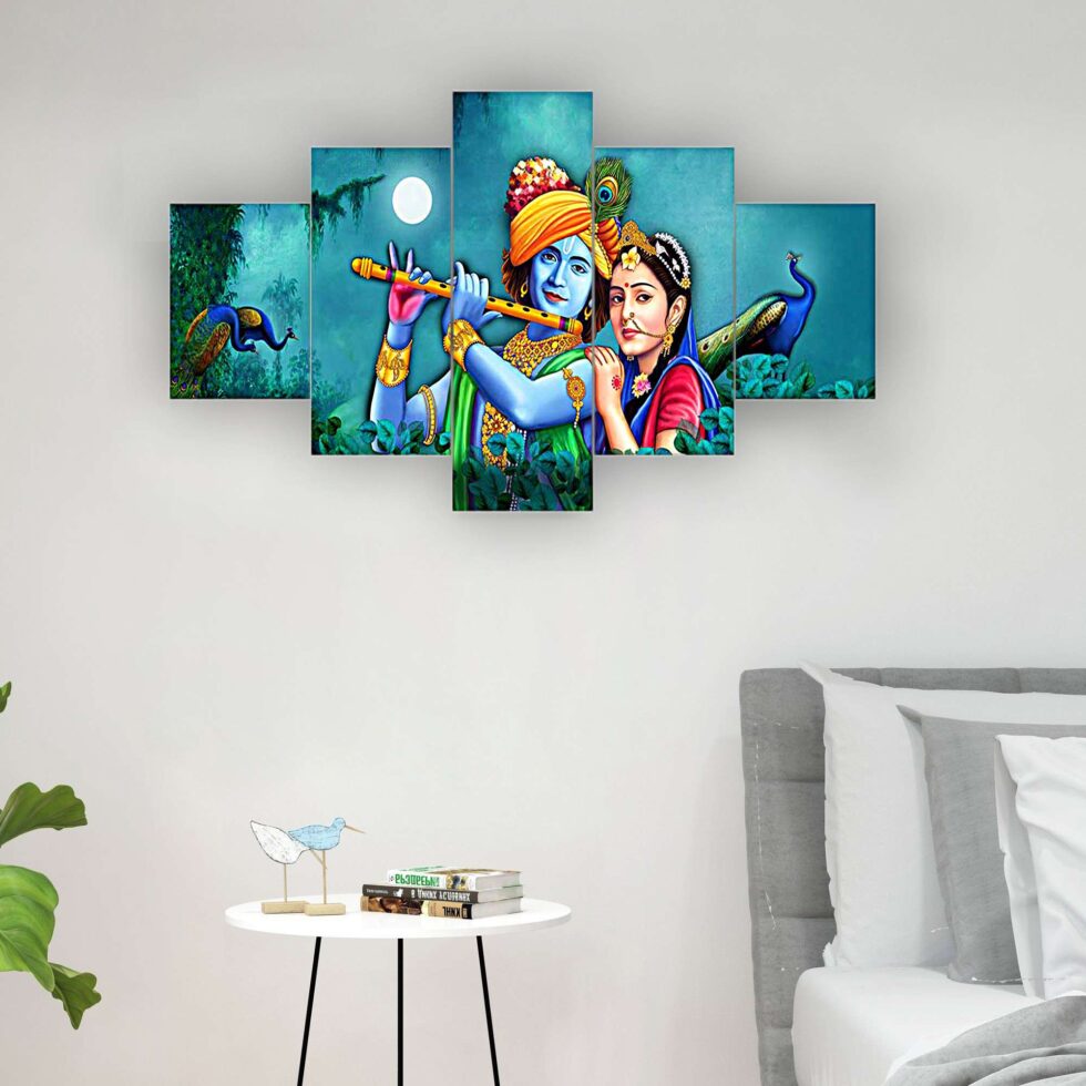 Beautiful Radha Krishna under moonlight digital wall art – devotional wall decor for home or temple.