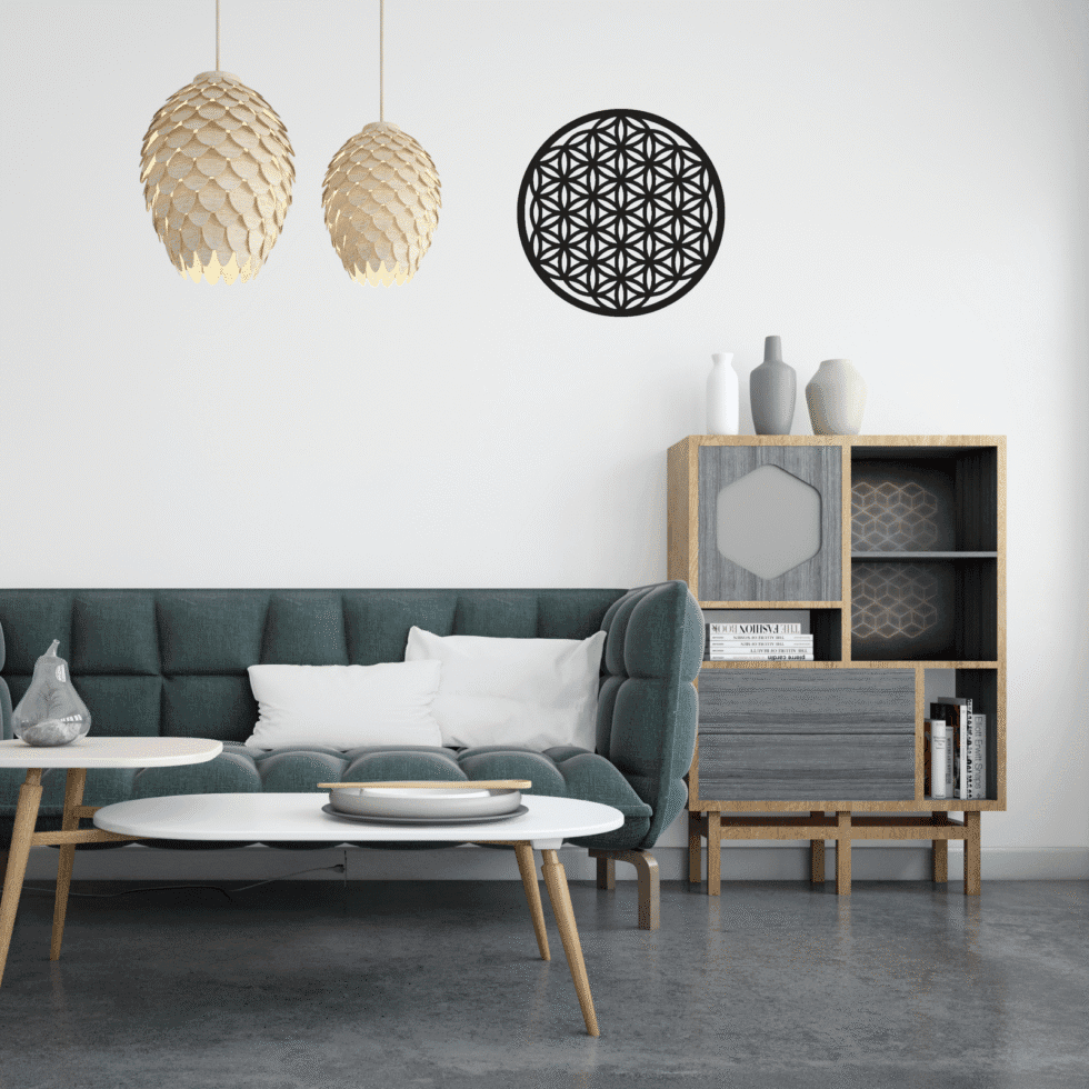 Black circular 3D metal artwork with abstract floral design for wall decor.