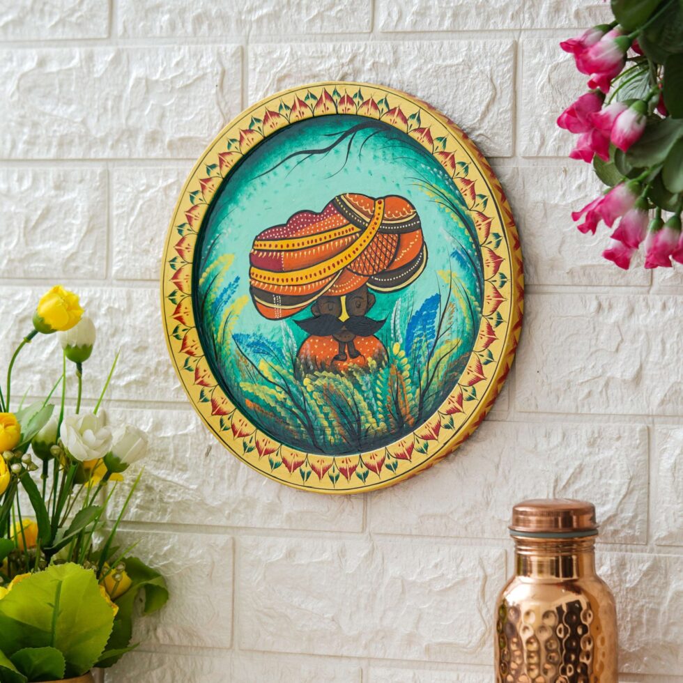 Colorful Rajasthani portrait wall art – vibrant Indian folk painting for home interiors.