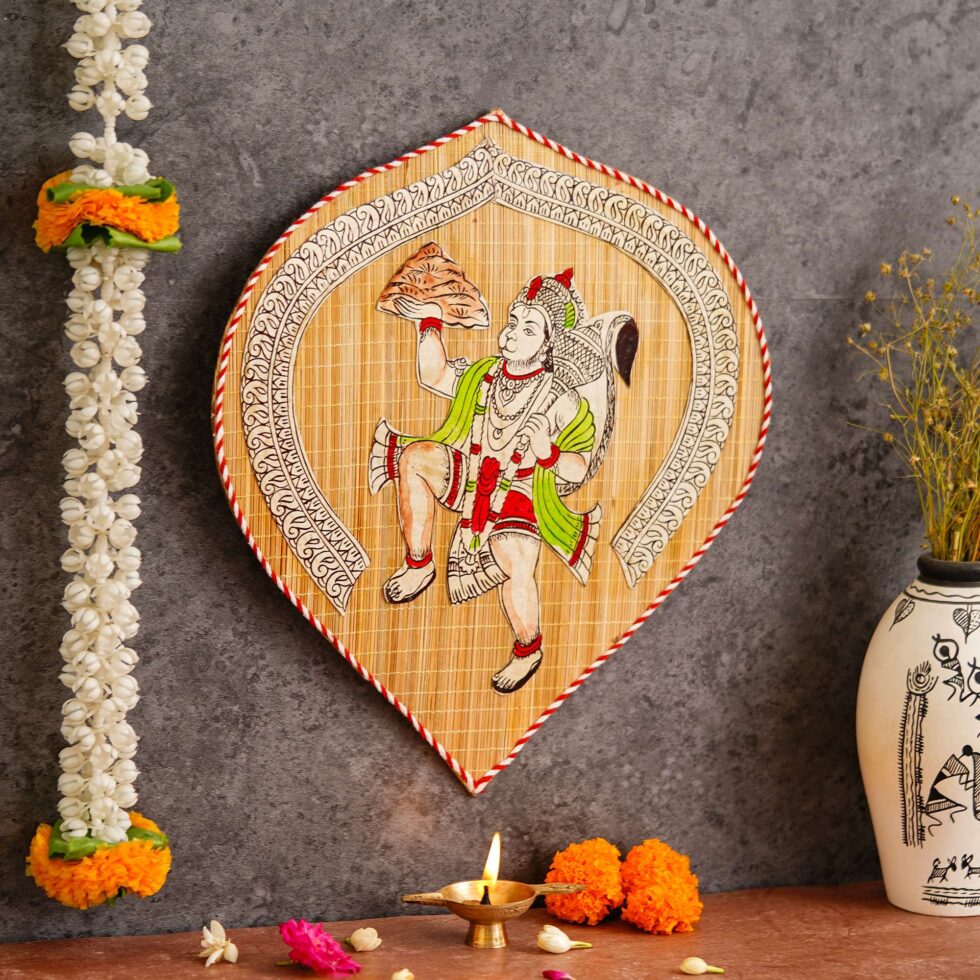 Handmade bamboo wall hanging with Lord Hanuman artwork, traditional Diwali festive home decor