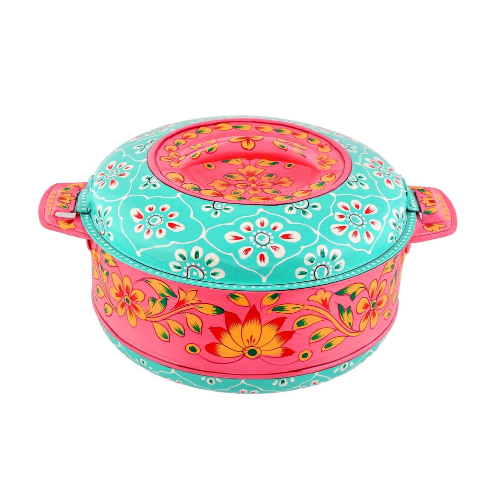 Handmade stainless steel casserole featuring turquoise and pink floral artwork