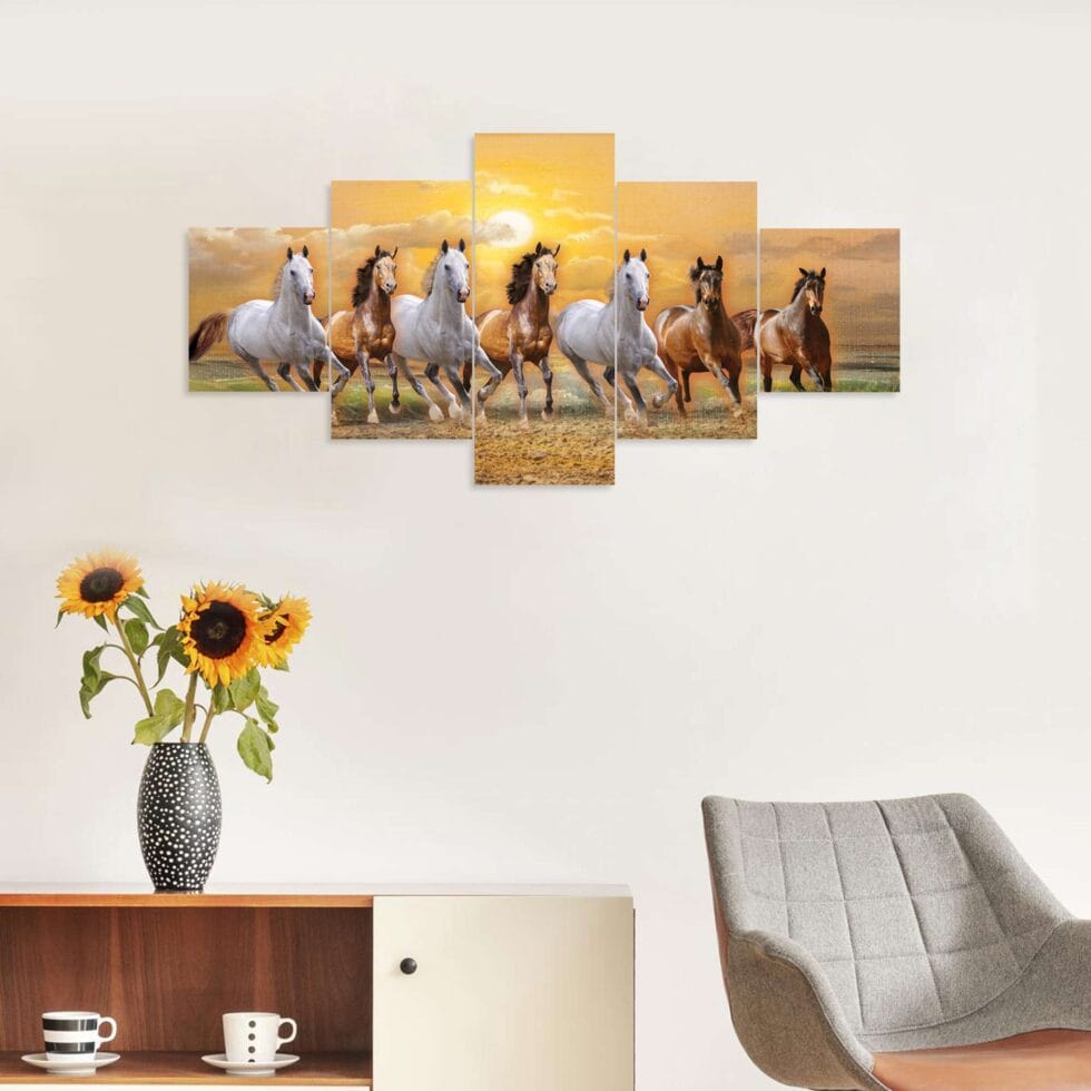 Seven running horses digital wall painting – modern Indian art decor symbolizing success and positivity.