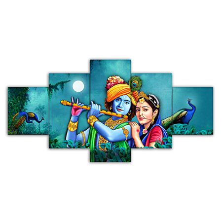 Majestic Radha Krishna digital wall painting with peacocks and moon – colorful Indian art decor for living room or bedroom.