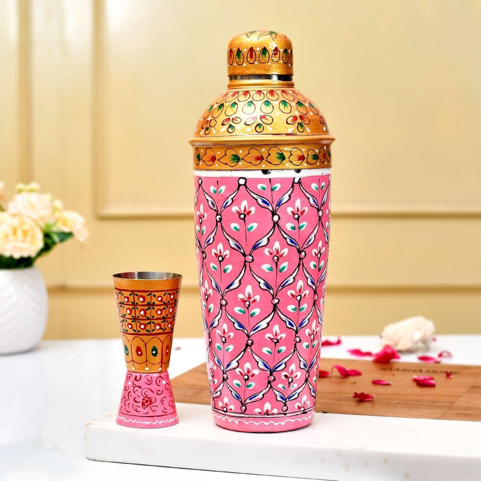Hand-painted pink aluminium cocktail shaker set with traditional floral design