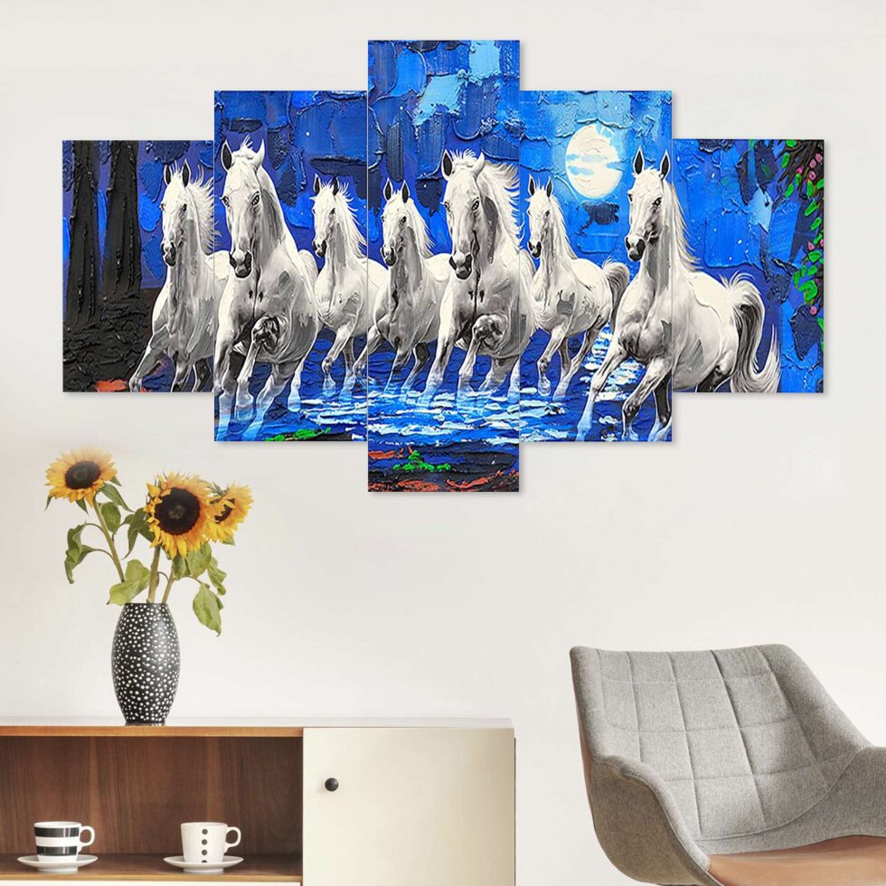 Seven white horses digital wall painting with moonlight – modern art decor symbolizing strength and success.