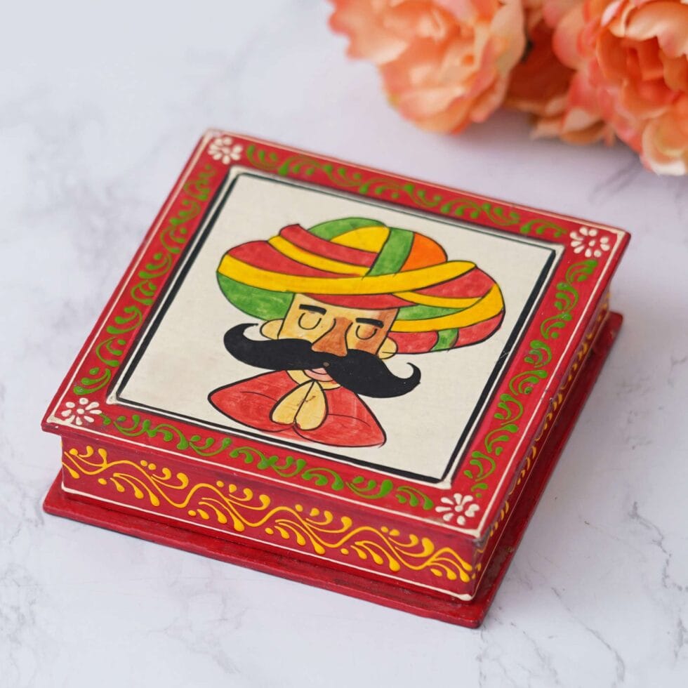 Vibrant Indian folk art coasters with Rajasthani design, ideal handmade gift for home and office décor