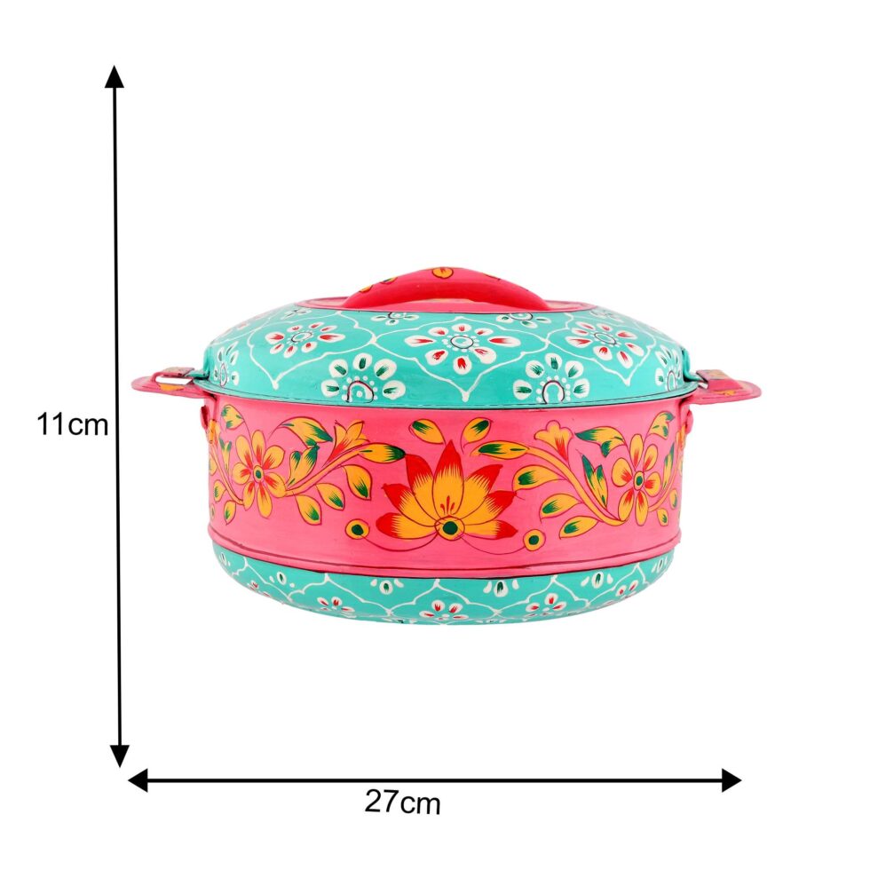 Colorful enamel-painted steel serving bowl with lid, traditional Indian kitchenware