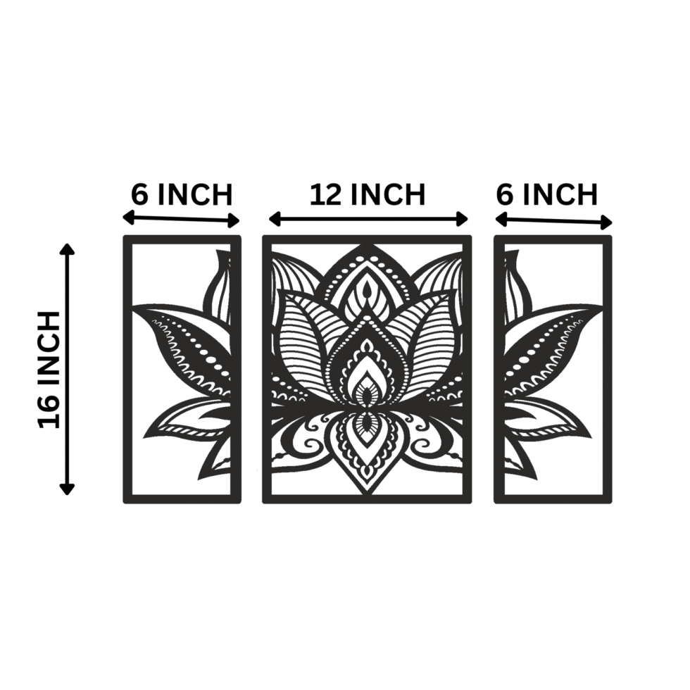 Black 3D metal artwork with lotus flower mandala design for wall decor.”
