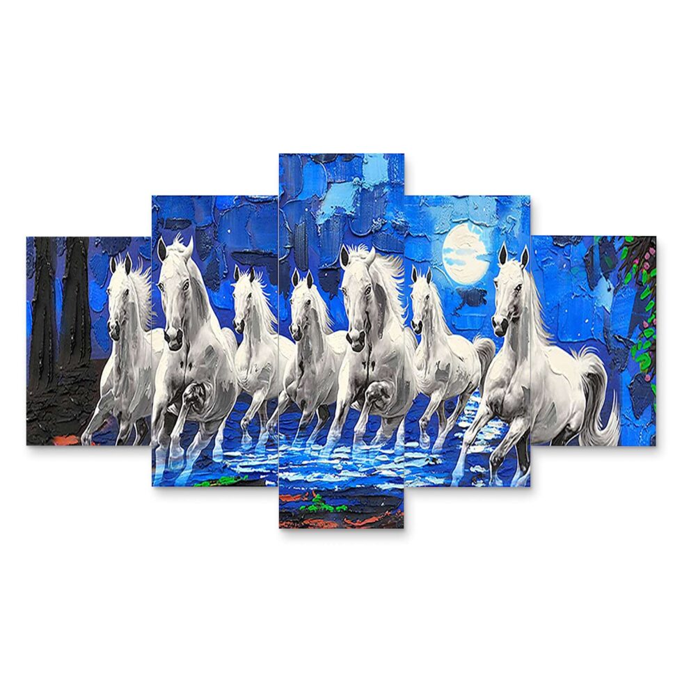 Vibrant moonlit horses digital canvas painting – luxury modern wall decor for home interiors.