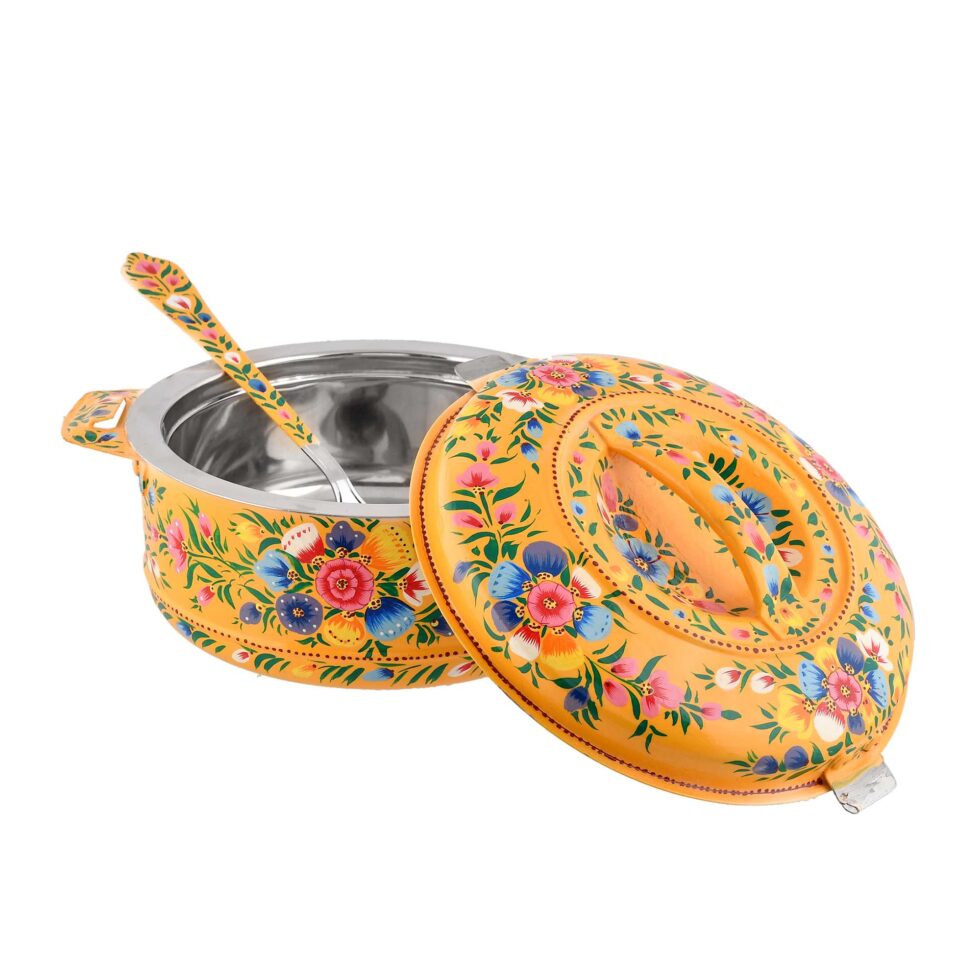 Handmade yellow stainless steel casserole with multicolor flower artwork