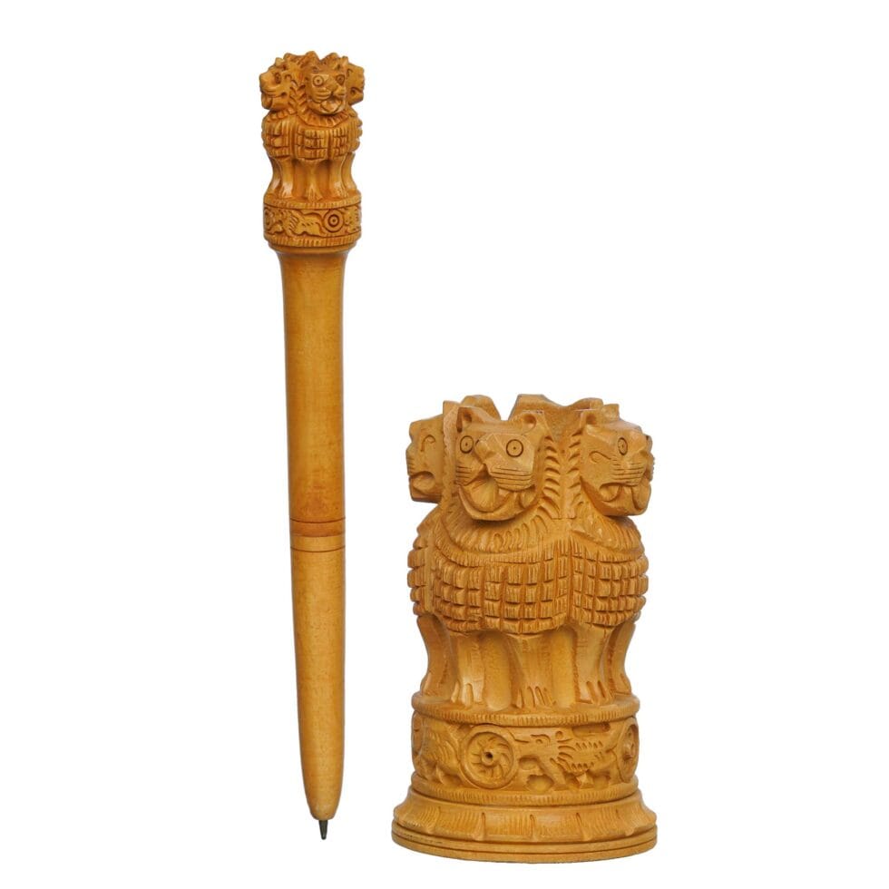 Ashoka Stambh carved wooden pen stand with matching pen, 7.5 x 4 inch Indian national emblem decor.