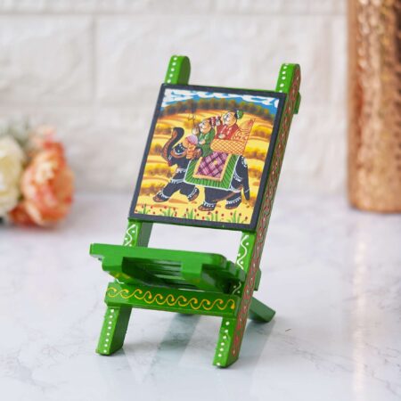 Hand-painted green wooden mobile stand featuring a traditional Rajasthani royal elephant artwork — a perfect handcrafted décor and utility piece for your desk or gifting.