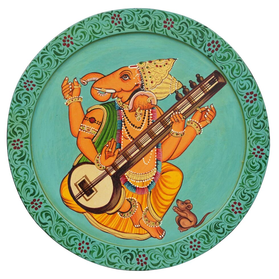 Colorful Lord Ganesh artwork with musical theme – handmade-look spiritual wall decor for gifting.
